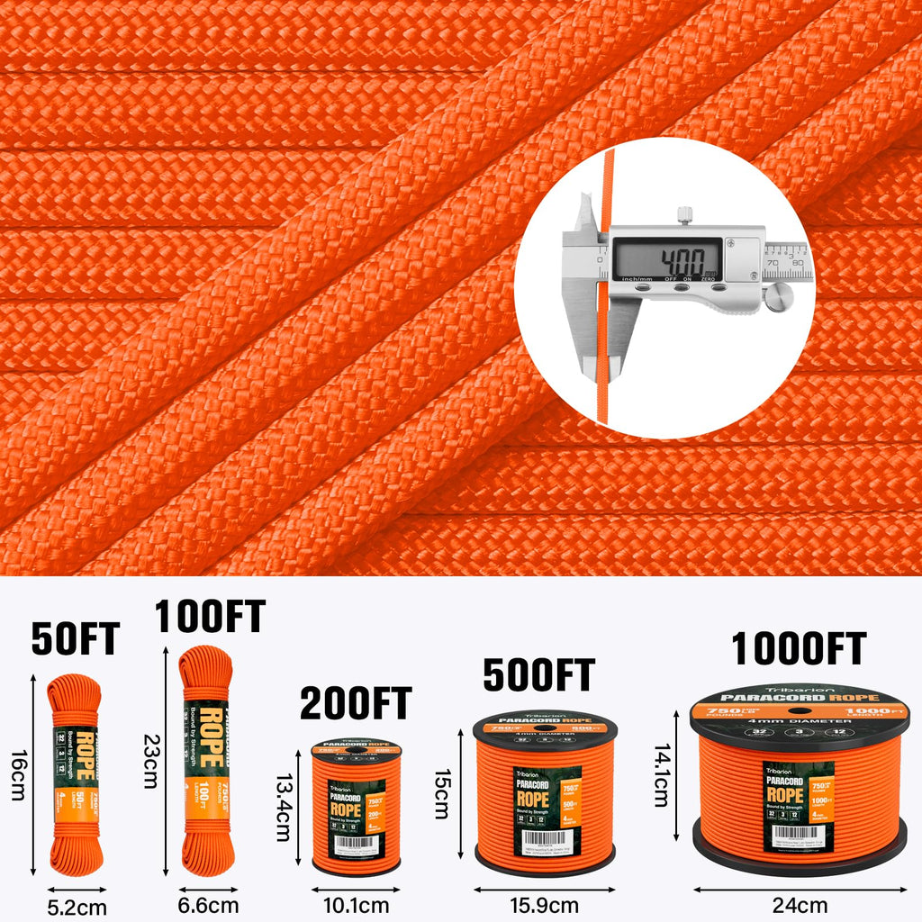 Paracord Rope 750 lb - 1000ft / 500ft / 200ft / 100ft 5/32" Parachute Cord 4MM 12-Strand para Cord - Heavy Duty Spool String for Survival,Camping Gear, Survival Bracelet, Clothesline