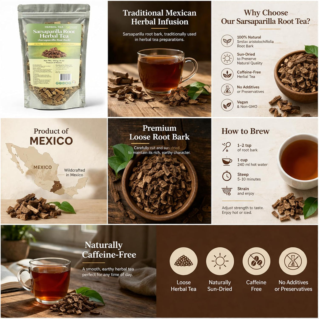 Sarsaparilla Root Herbal Tea — Zarzaparrilla Root Bark (Smilax aristolochiifolia) — 100% Natural — Sun-Dried Loose Bark — Caffeine Free Traditional Mexican Herbal Infusion — Net Wt. 113 g (4 oz)