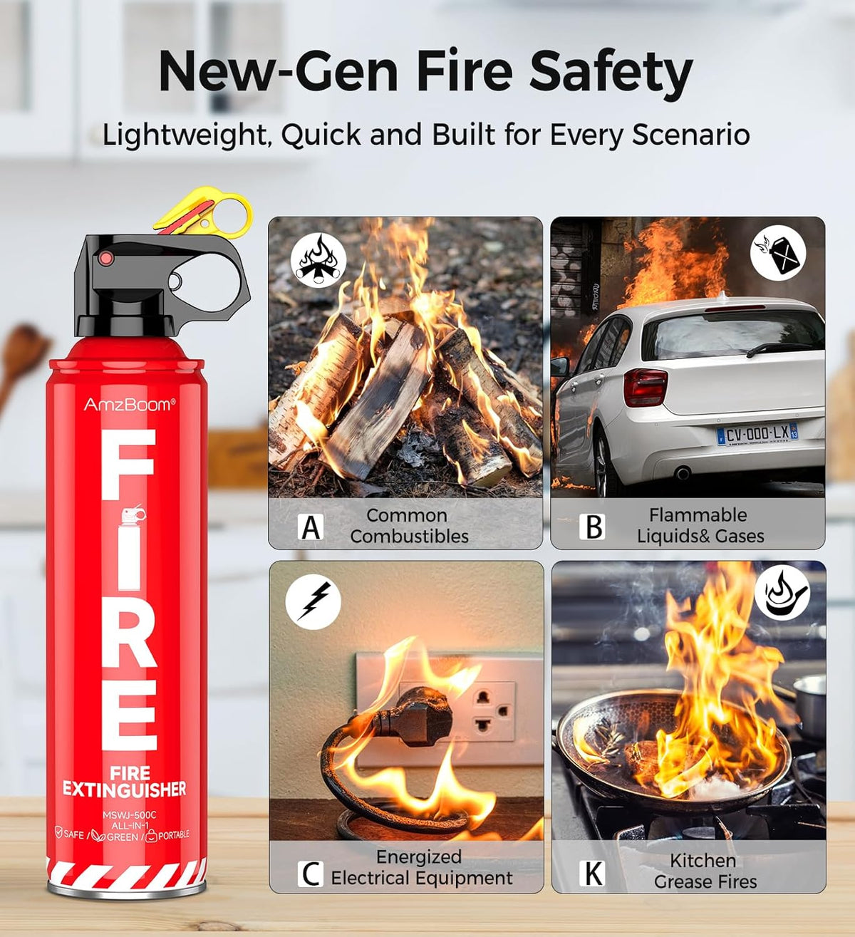 AmzBoom 2-Pack Fire Extinguisher for Home, Kitchen, Car, and Grill with Mounting Bracket– Extinguishing Spray