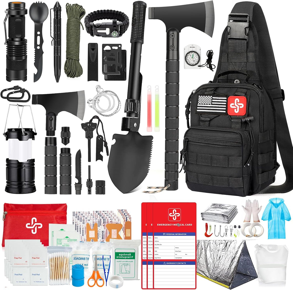 Survival Kit, 262 Piece Survival Gear and Supplies with First Aid Kit Pouch and Crossbody Bag