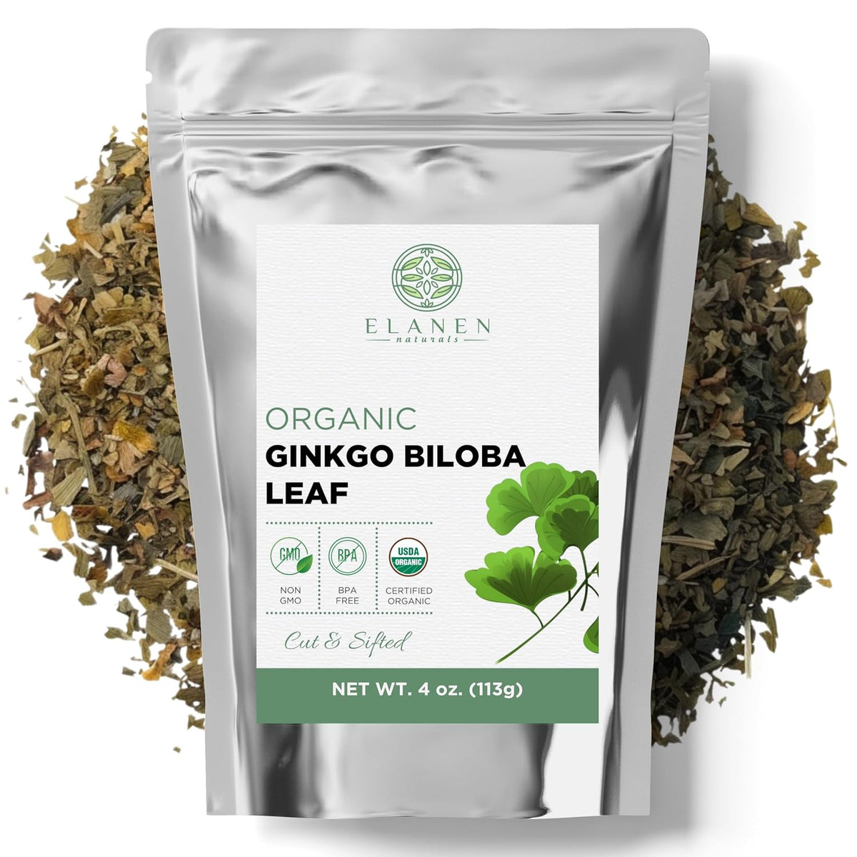 Organic Dried Ginkgo Biloba Leaves 4 oz (113g), USDA Certified Organic Ginkgo Leaf Herb Tea, Ginko Biloba Tea, Gingko, Cut and Sifted