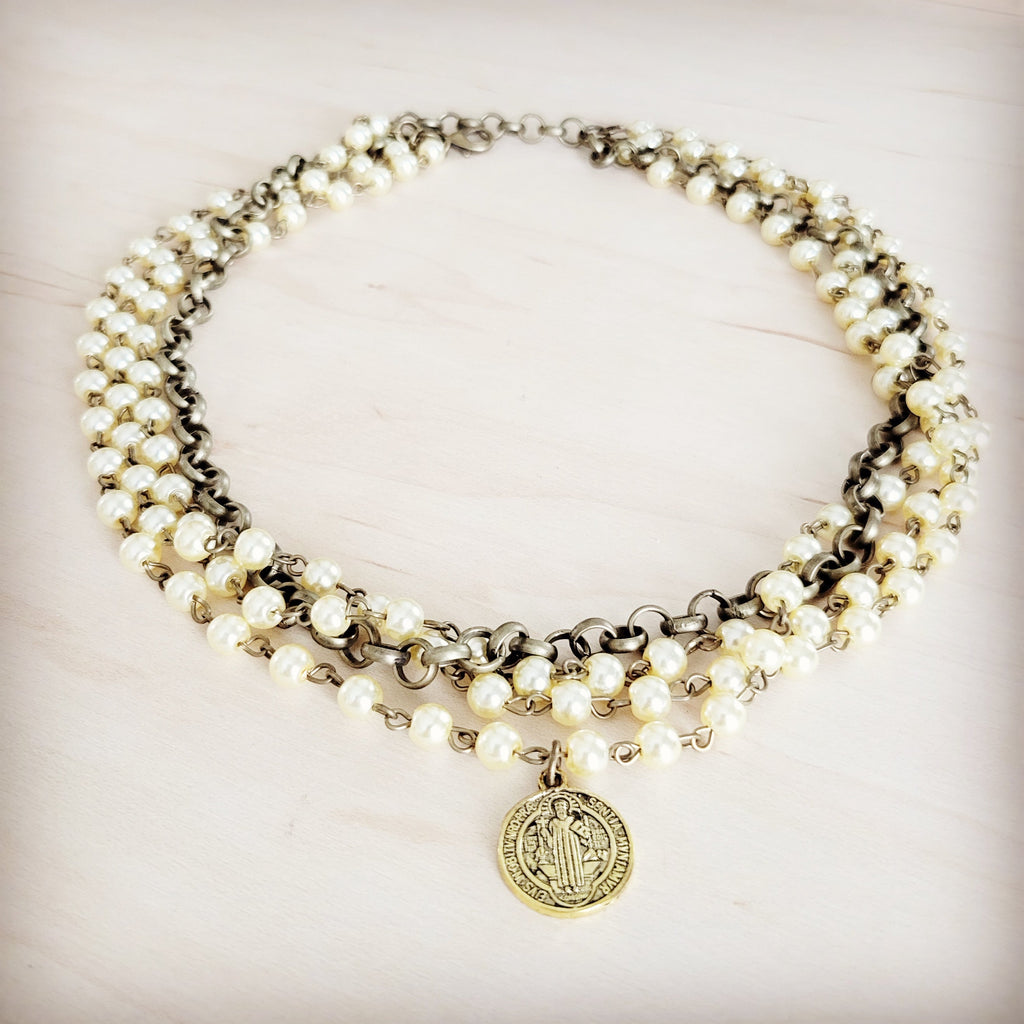 **Champagne Pearl Beaded Collar Necklace w/ Pendant 263x