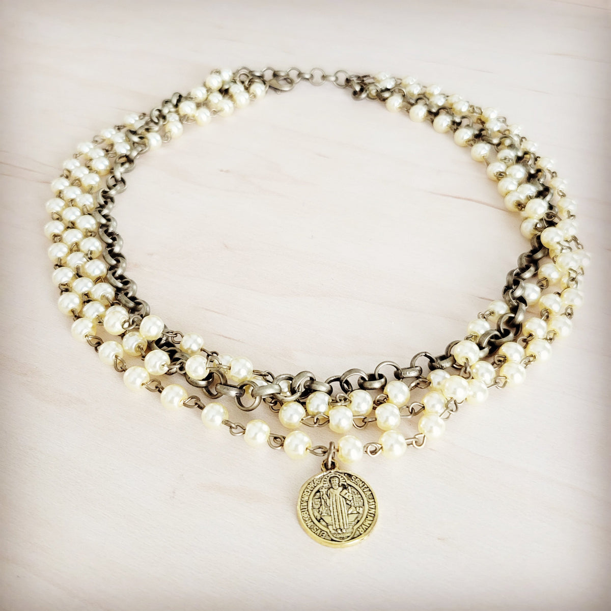 **Champagne Pearl Beaded Collar Necklace w/ Pendant 263x