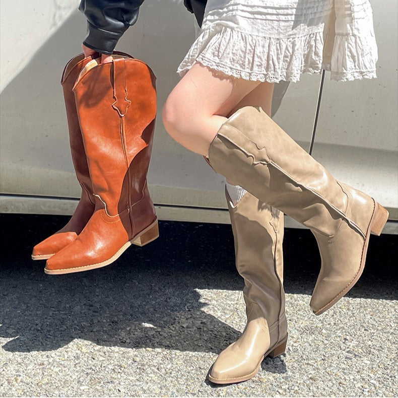 Women's Retro Western Cowboy Boots - Chunky Heel Pointed Toe Mid-Calf Boots with Side Zipper