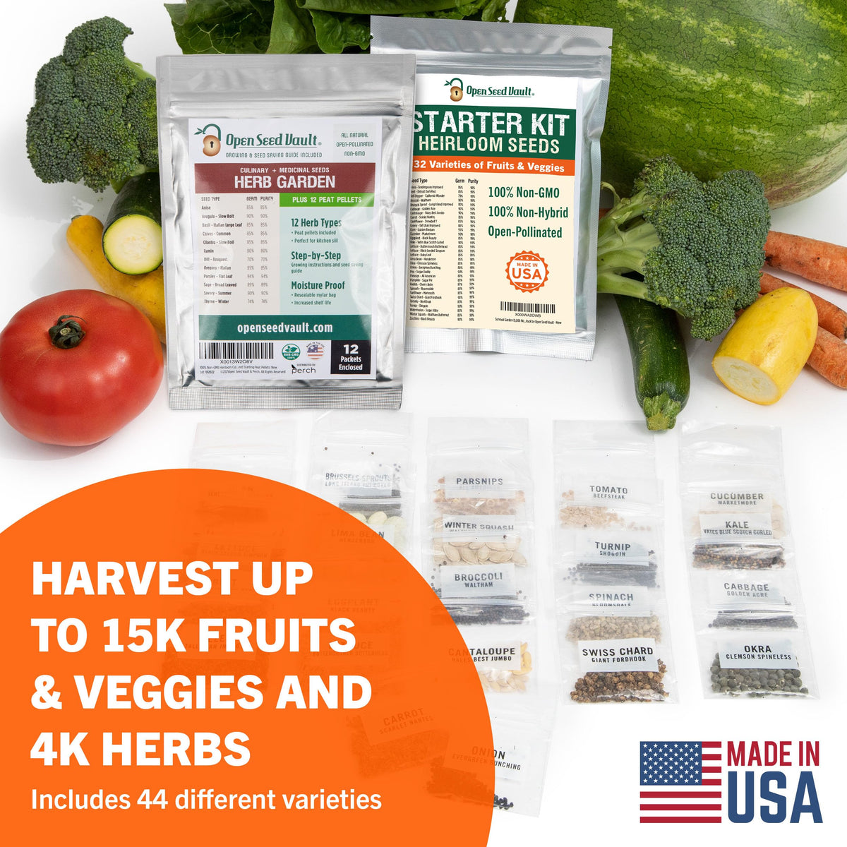 Vegetable & Fruit Seeds, 32 Packs, Non-GMO, 15,000+ Seeds