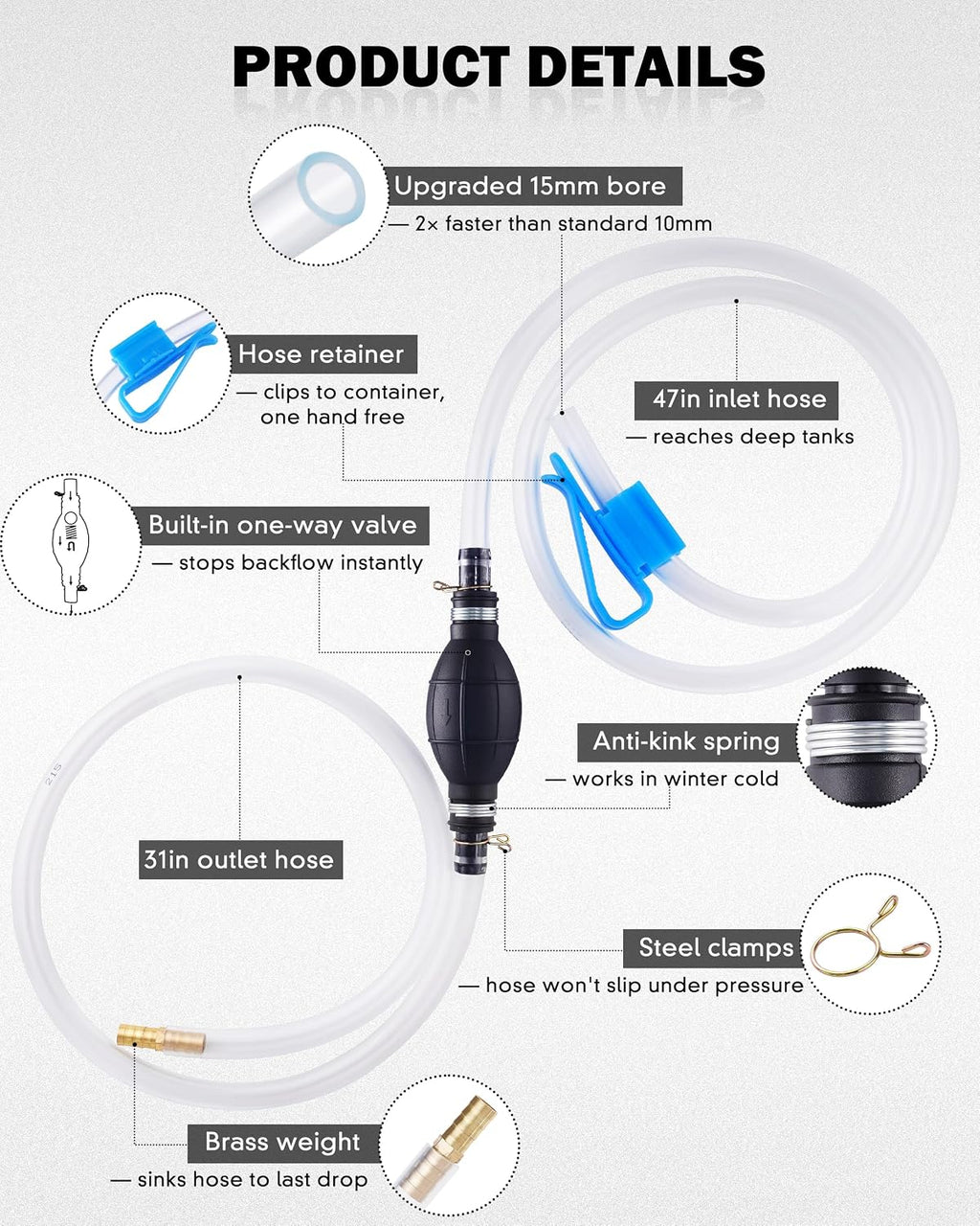 Fuel Transfer Pump for Gasoline, Diesel, Water, Hand Gas Siphon Hose Pump