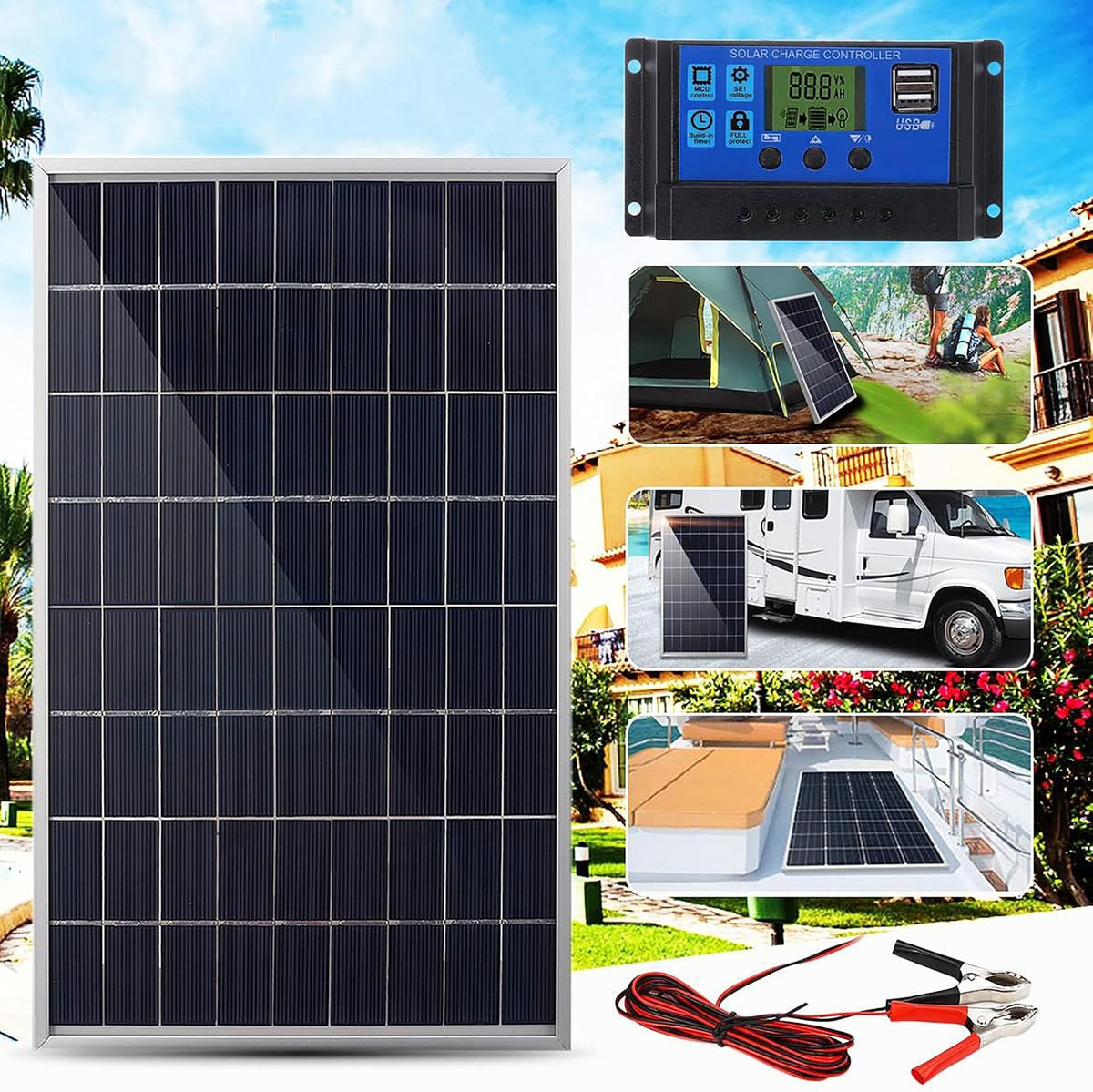 Solar Panel Kit 10W 12V Mono crystalline with 10A Solar Charge Controller + Extension Cable with Battery Clips