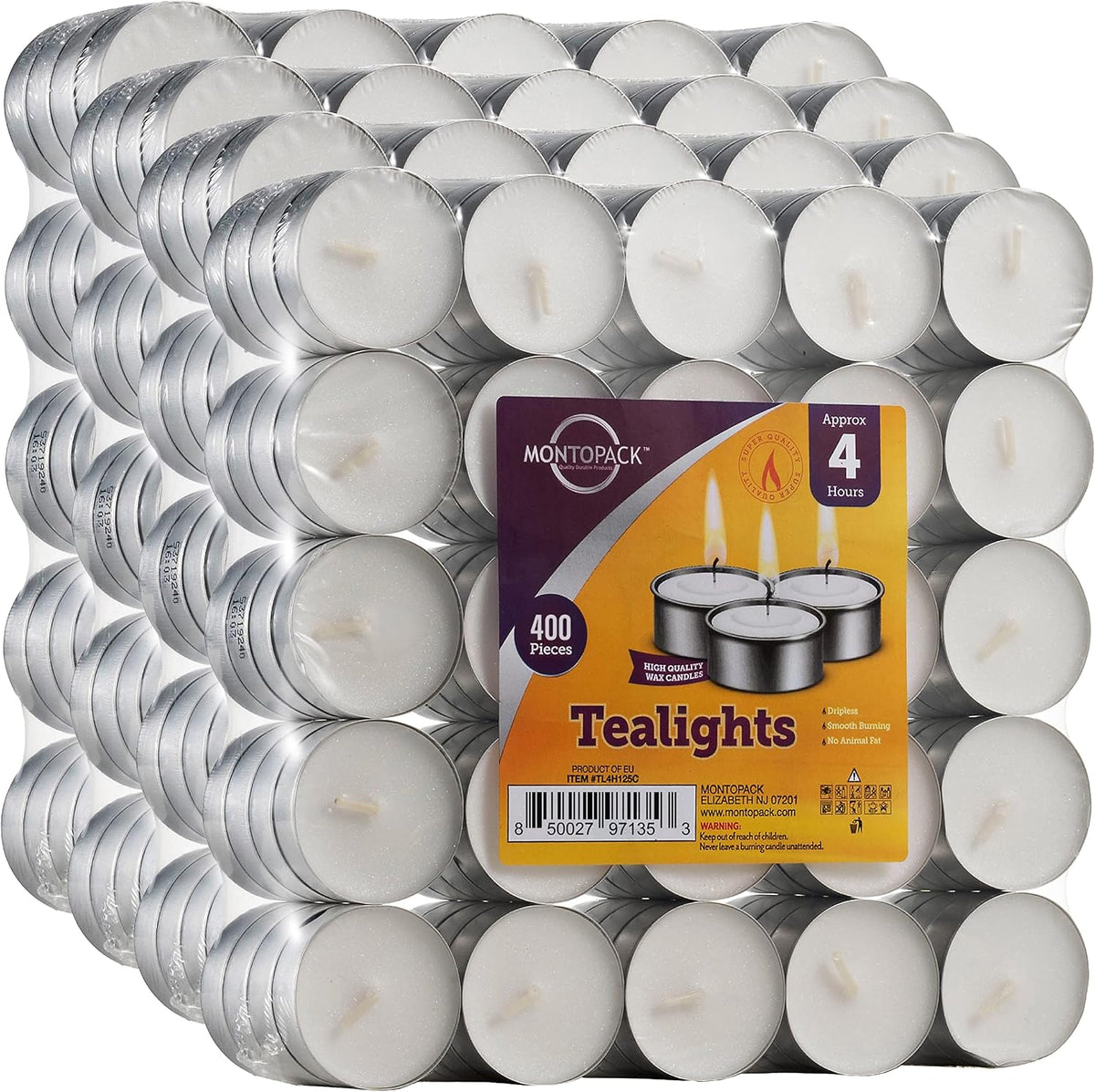 MontoPack Unscented Tea Light Candles 100 Pack | 4 hours, White, Smokeless, Dripless Small Votive Paraffin Tealights | Long-Lasting for Home, Shabbat, Weddings, Events, Emergencies | Mini Candles Bulk