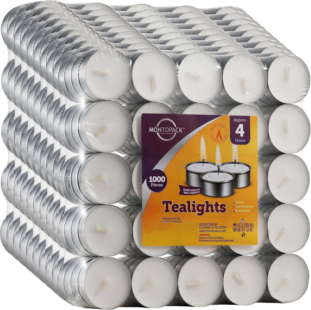 MontoPack Unscented Tea Light Candles 100 Pack | 4 hours, White, Smokeless, Dripless Small Votive Paraffin Tealights | Long-Lasting for Home, Shabbat, Weddings, Events, Emergencies | Mini Candles Bulk