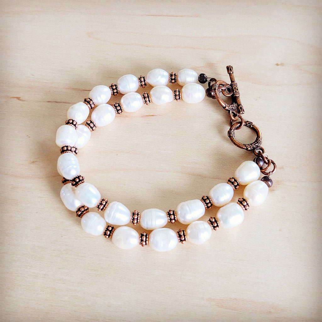 **Freshwater Pearl & Copper Boho Beaded Double Strand Bracelet 811y