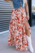 Rhea-Red High Slit Floral Western Cowgirl Maxi Skirt