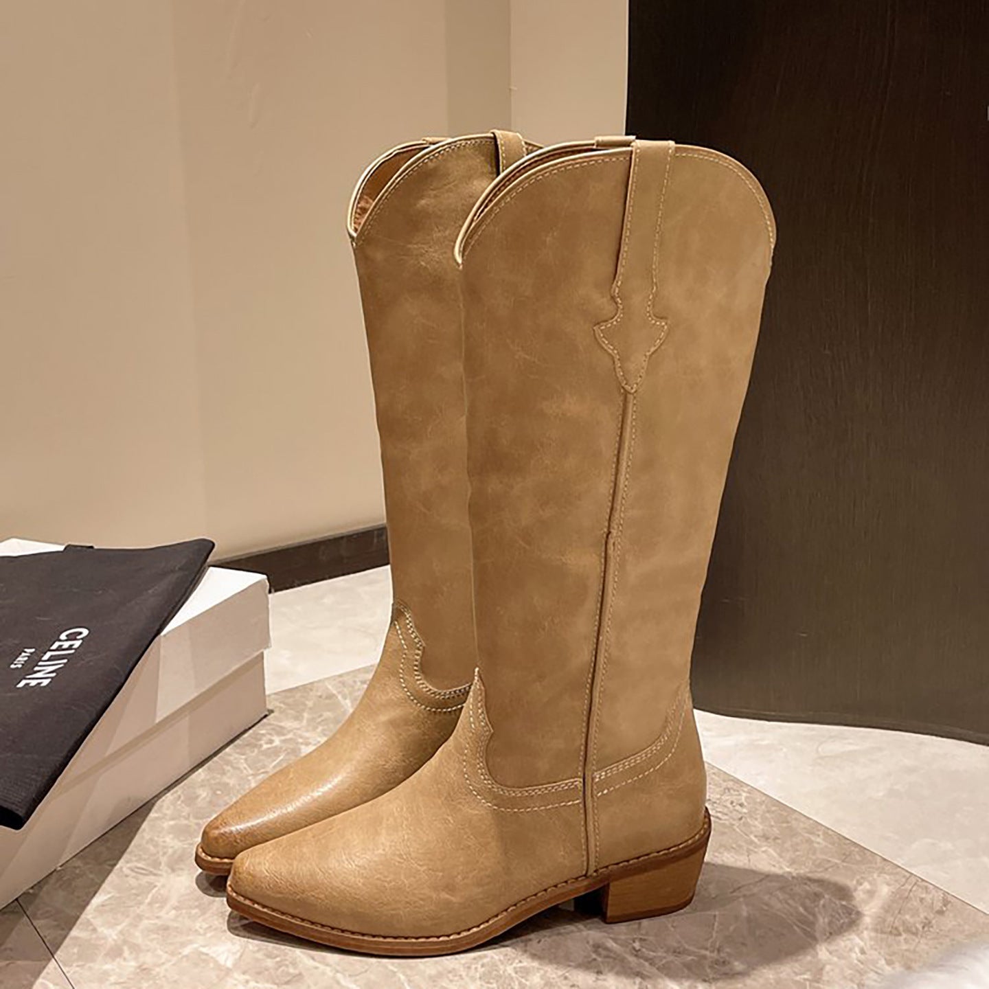 Women's Retro Western Cowboy Boots - Chunky Heel Pointed Toe Mid-Calf Boots with Side Zipper