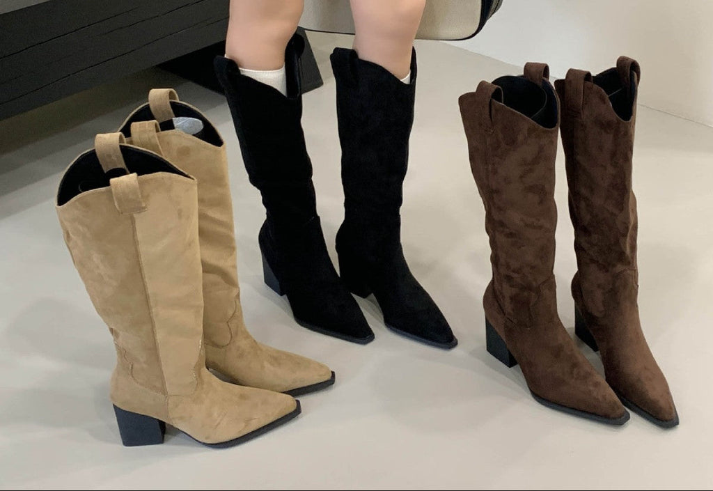 Women's Vintage Western Cowboy Boots | Suede Pointed Toe Chunky Heel Slip-On