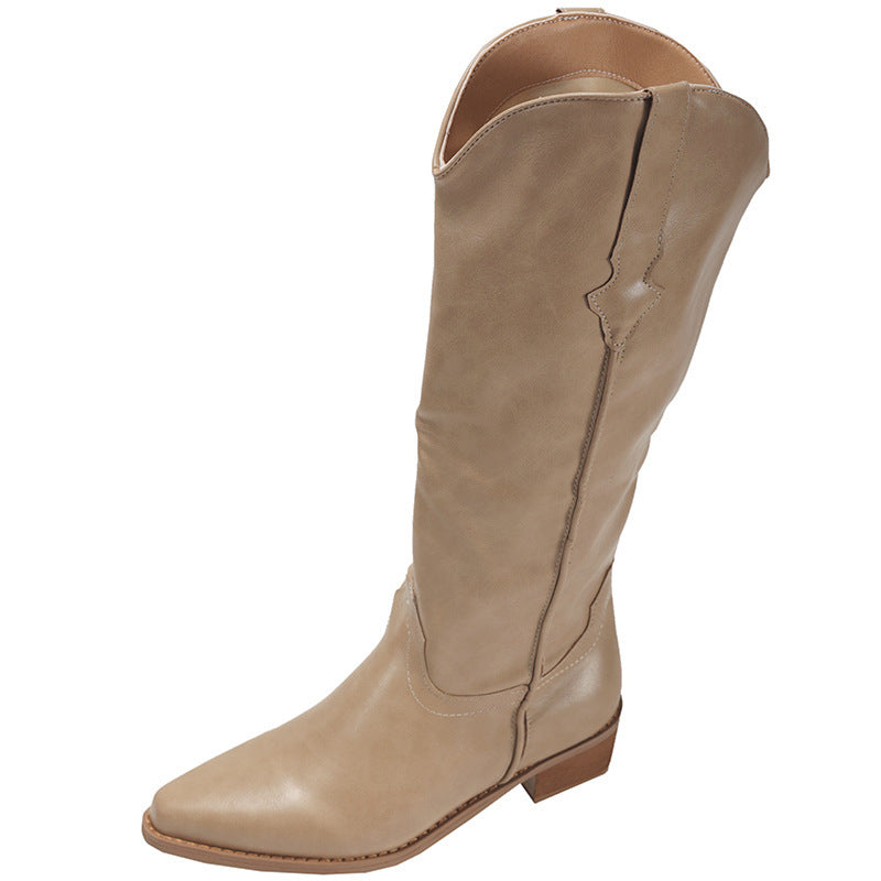 Women's Retro Western Cowboy Boots - Chunky Heel Pointed Toe Mid-Calf Boots with Side Zipper