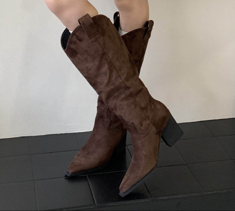 Women's Vintage Western Cowboy Boots | Suede Pointed Toe Chunky Heel Slip-On