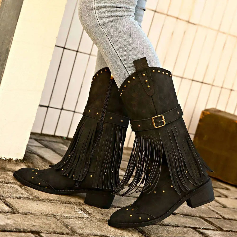 Retro Winter Fashion Fringed Suede Cowboy Boots