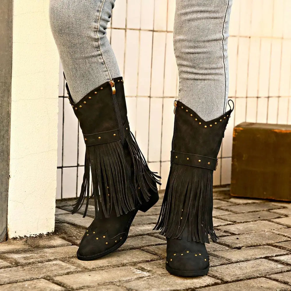 Retro Winter Fashion Fringed Suede Cowboy Boots