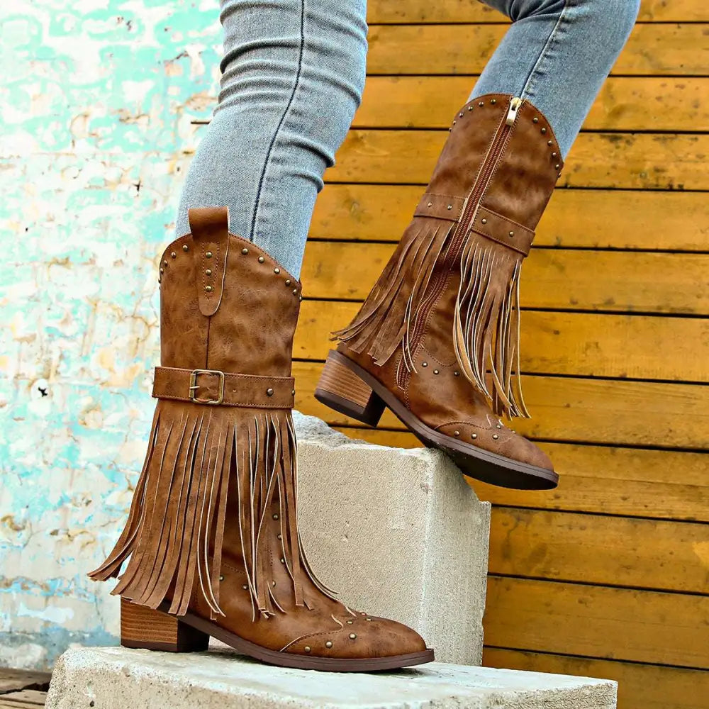Retro Winter Fashion Fringed Suede Cowboy Boots